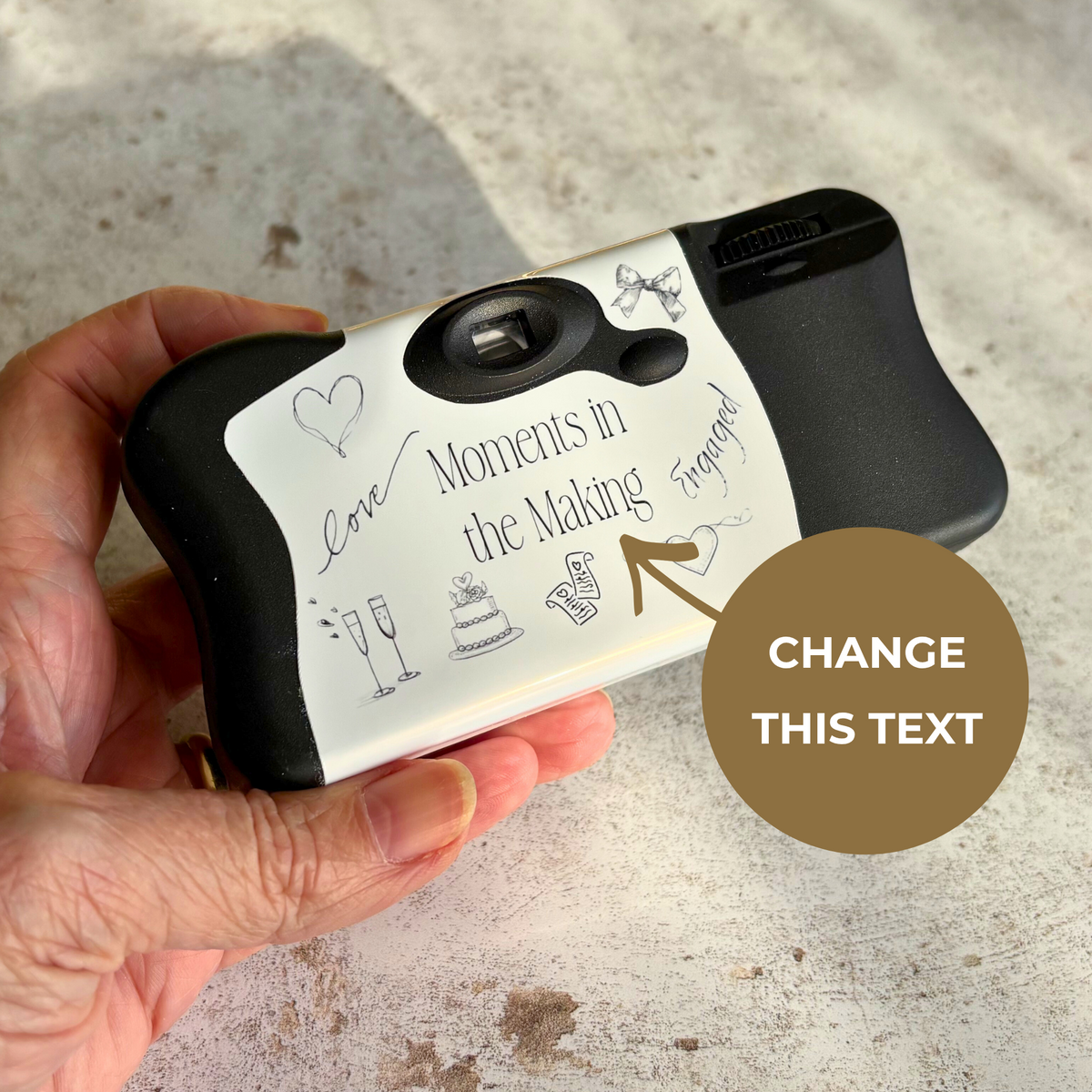 Custom wording option for the back of personalised engagement camera wraps