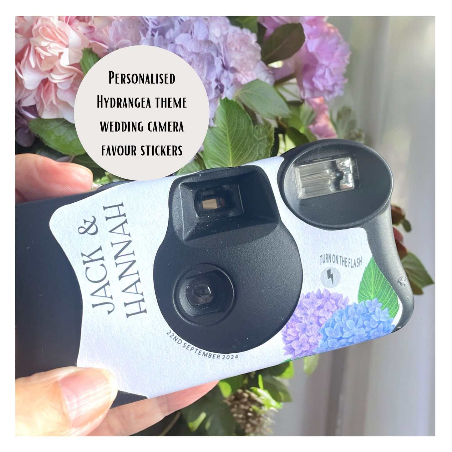 Personalised Blue & Purple Hydrangea Disposable Camera Wraps