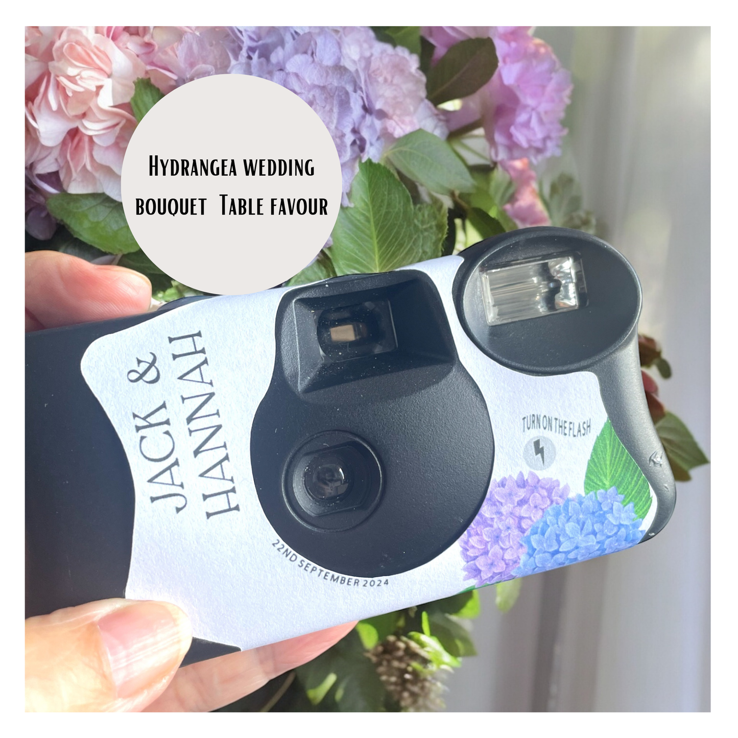 Personalised Blue & Purple Hydrangea Disposable Camera Wraps