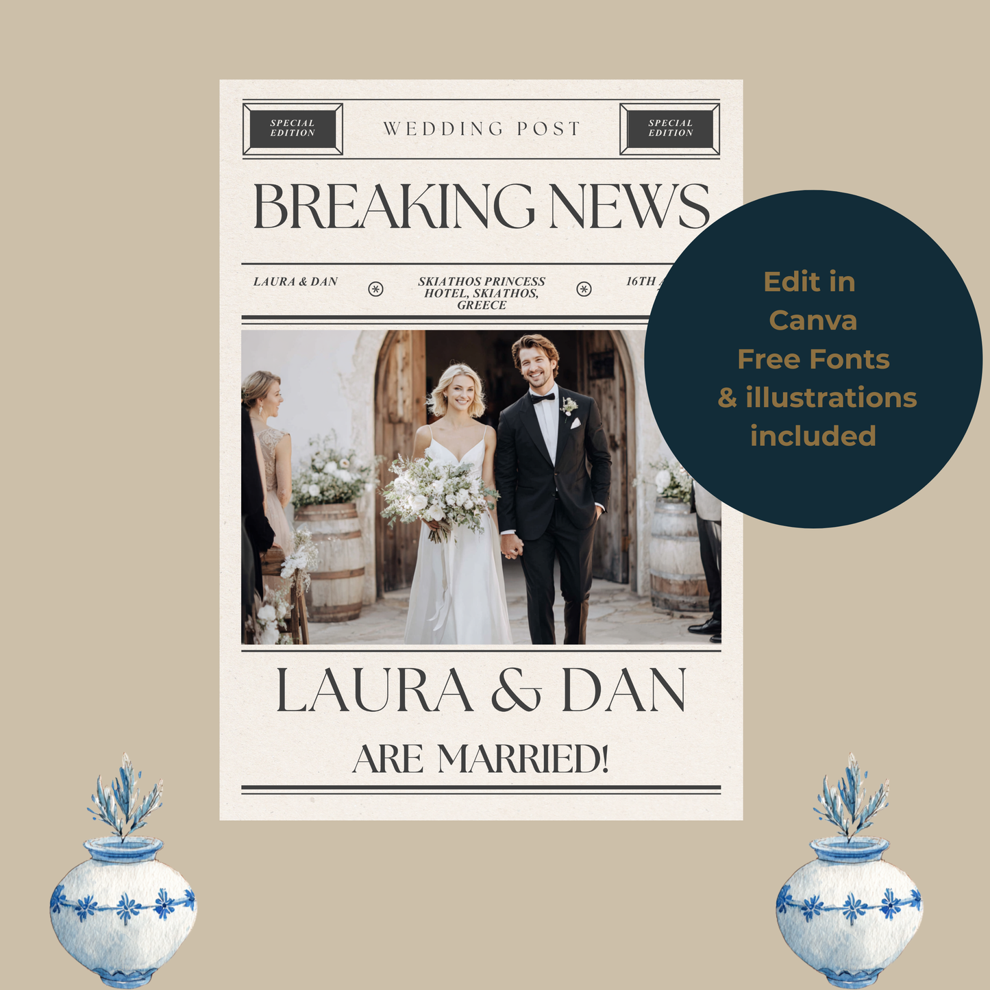Greek Wedding Newspaper Template for Guests with Matching Camera Wrap – Printable, Canva Editable