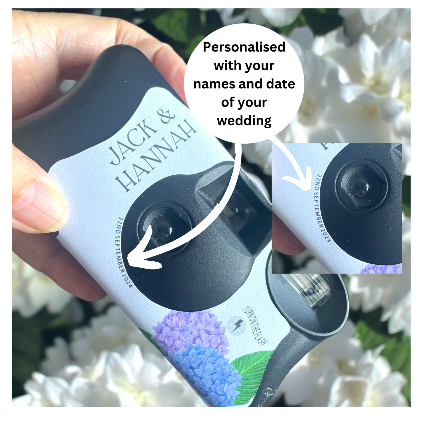 Personalised Blue & Purple Hydrangea Disposable Camera Wraps