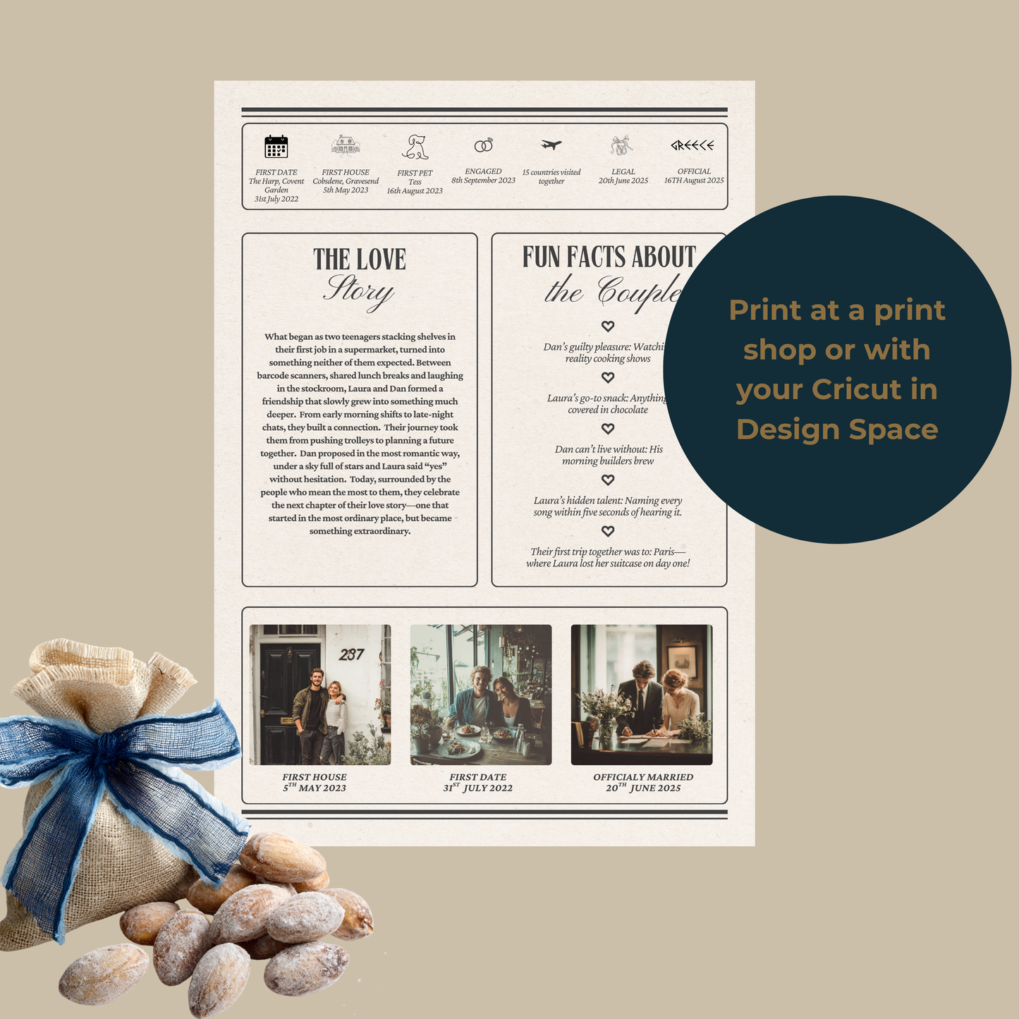 Greek Wedding Newspaper Template for Guests with Matching Camera Wrap – Printable, Canva Editable