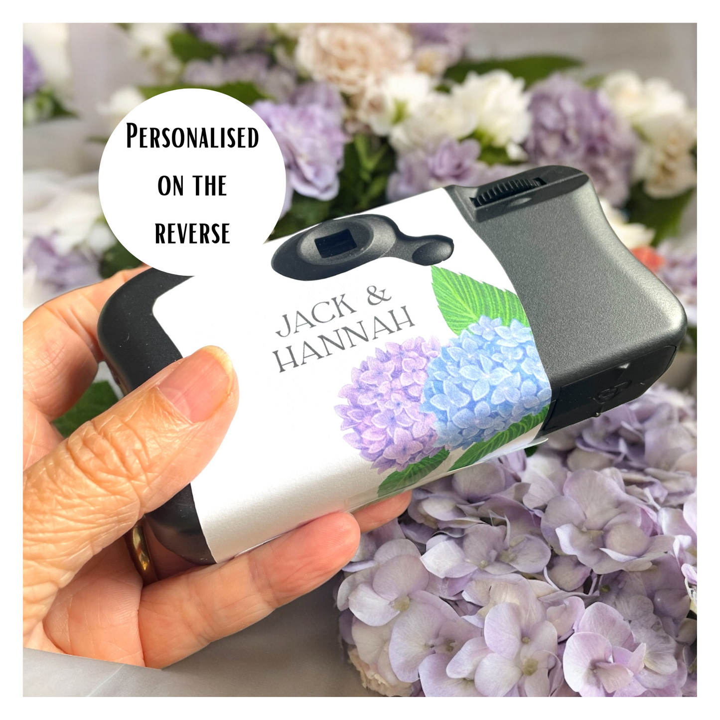Personalised Blue & Purple Hydrangea Disposable Camera Wraps
