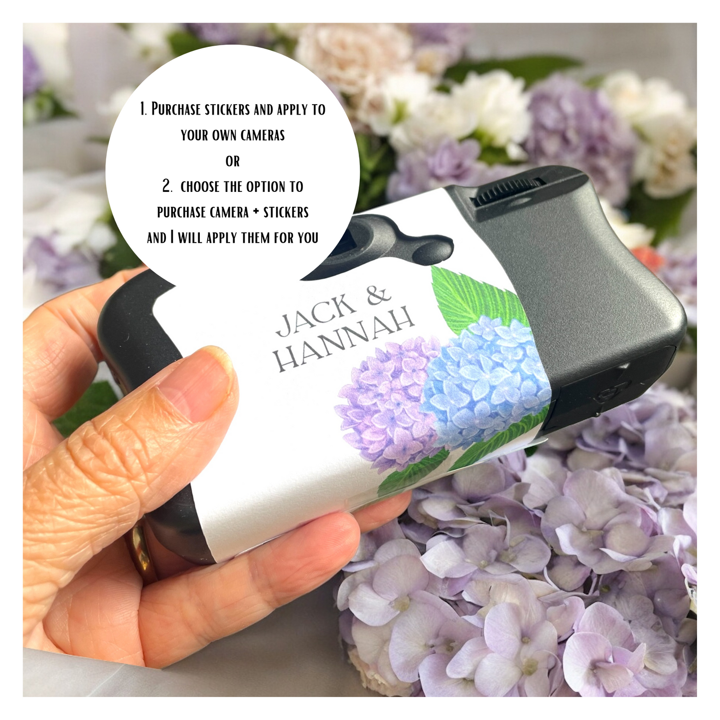Personalised Blue & Purple Hydrangea Disposable Camera Wraps