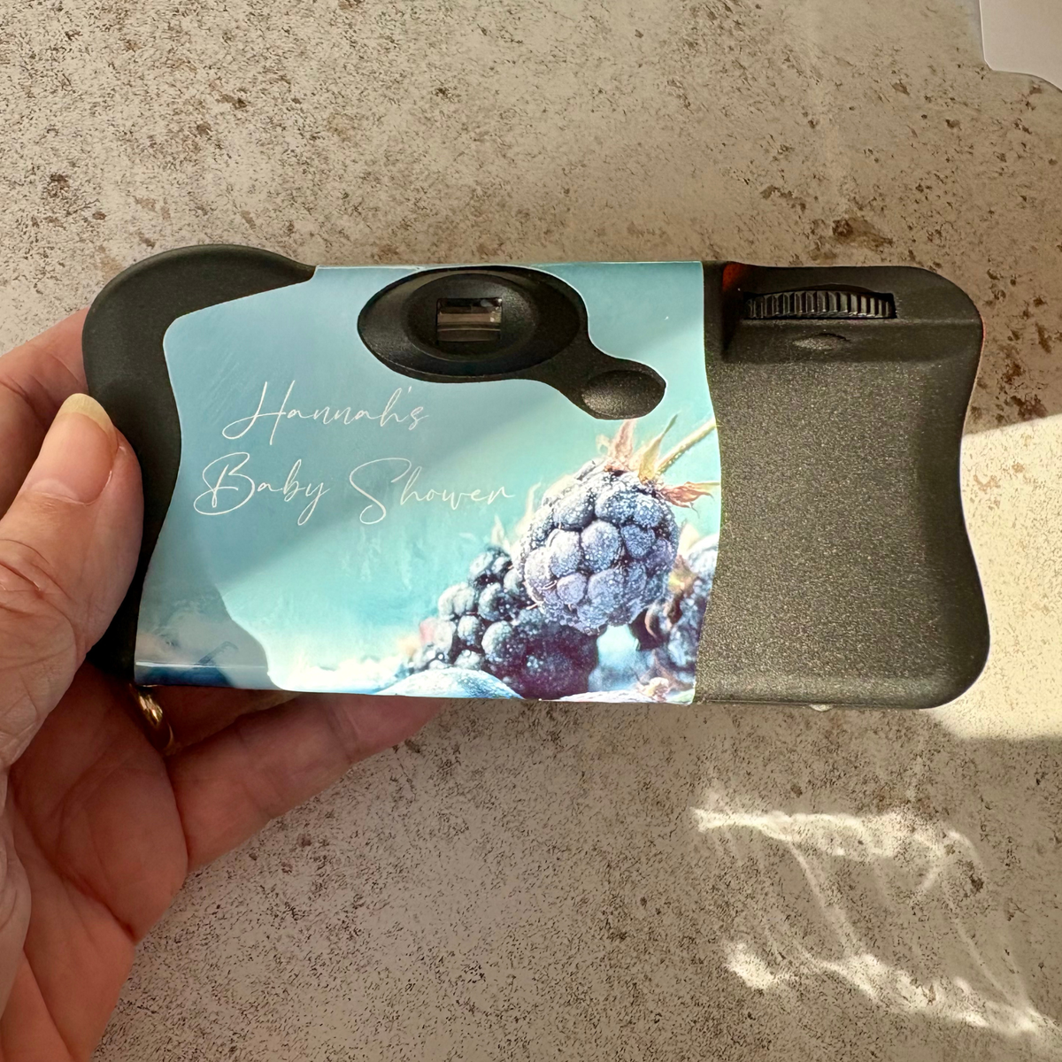 Back of Berry Sweet blueberry and blackberry personalised baby shower disposable camera wrap