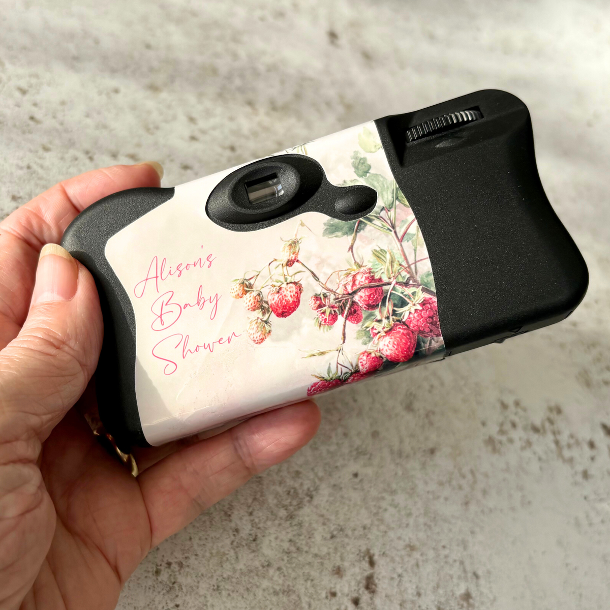 Back of Berry Sweet strawberry and raspberry personalised baby shower disposable camera wrap