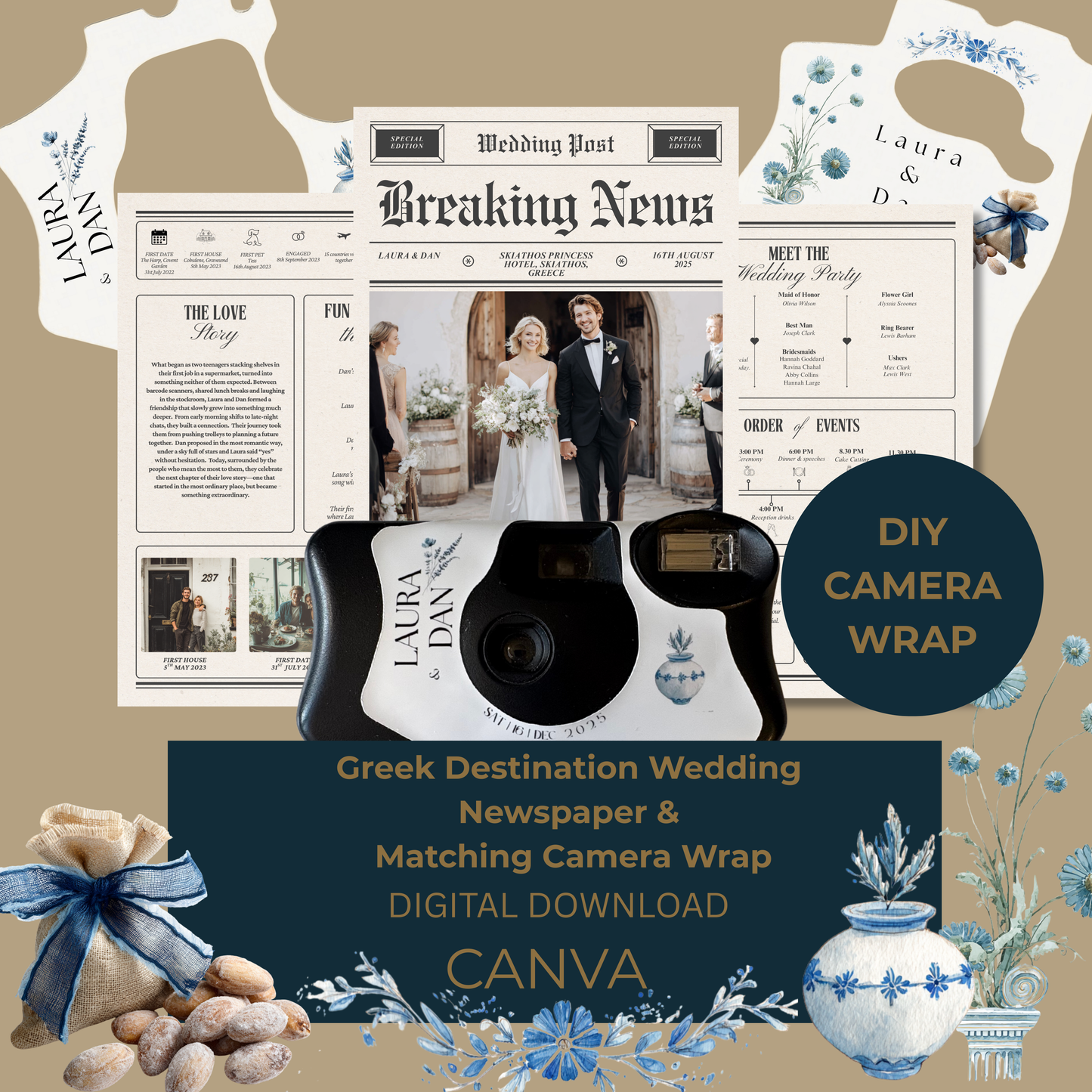 Greek Wedding Newspaper Template for Guests with Matching Camera Wrap – Printable, Canva Editable