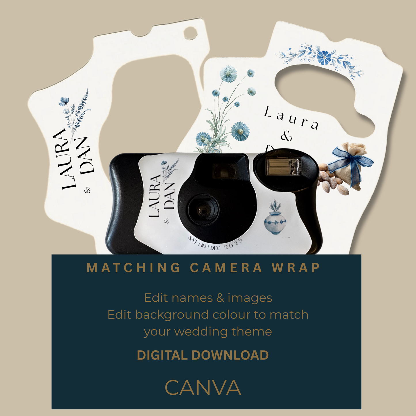 Greek Wedding Newspaper Template for Guests with Matching Camera Wrap – Printable, Canva Editable
