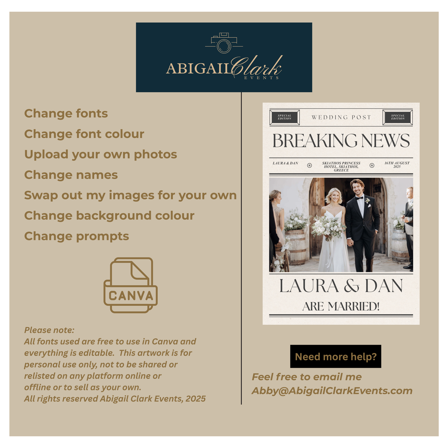 Greek Wedding Newspaper Template for Guests with Matching Camera Wrap – Printable, Canva Editable