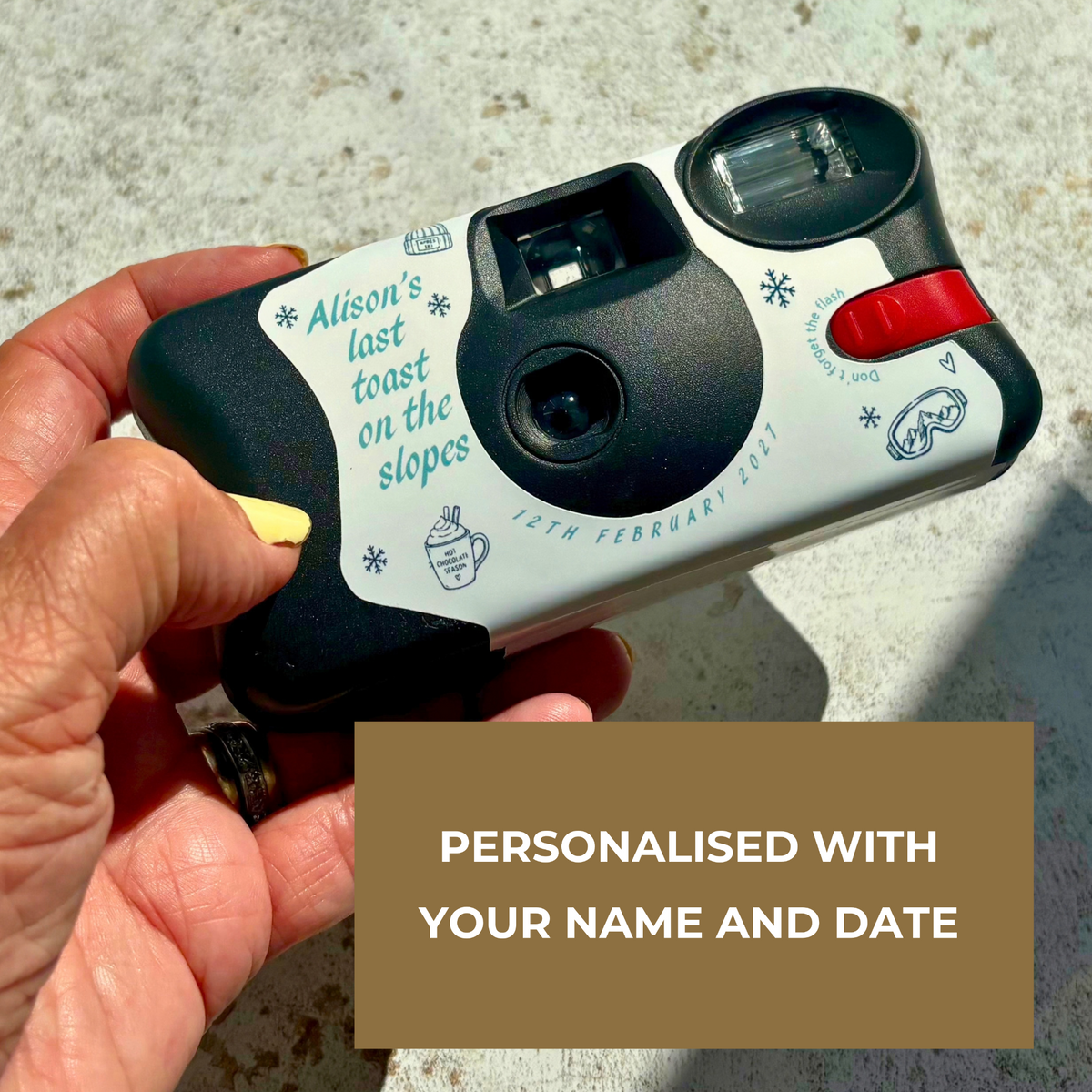 Personalised ski hen party camera wrap with custom name and date
