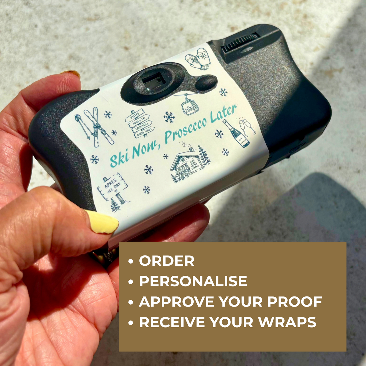 How to order personalised après ski hen party camera wraps