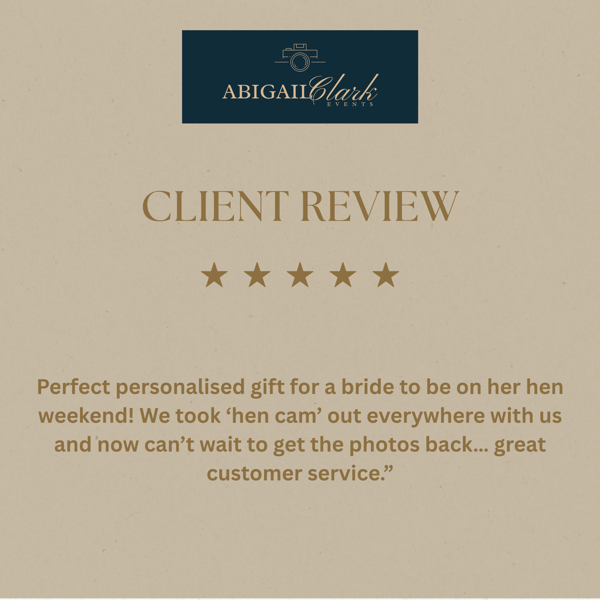 Five star client review for personalised hen party camera wraps