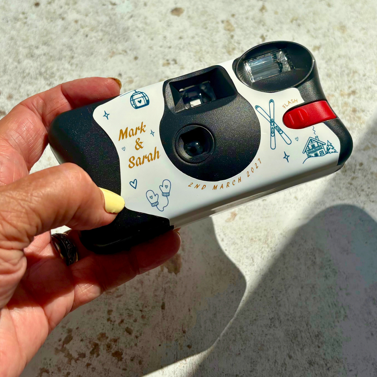 Personalised Happily Ever Apres ski wedding Kodak FunSaver camera front