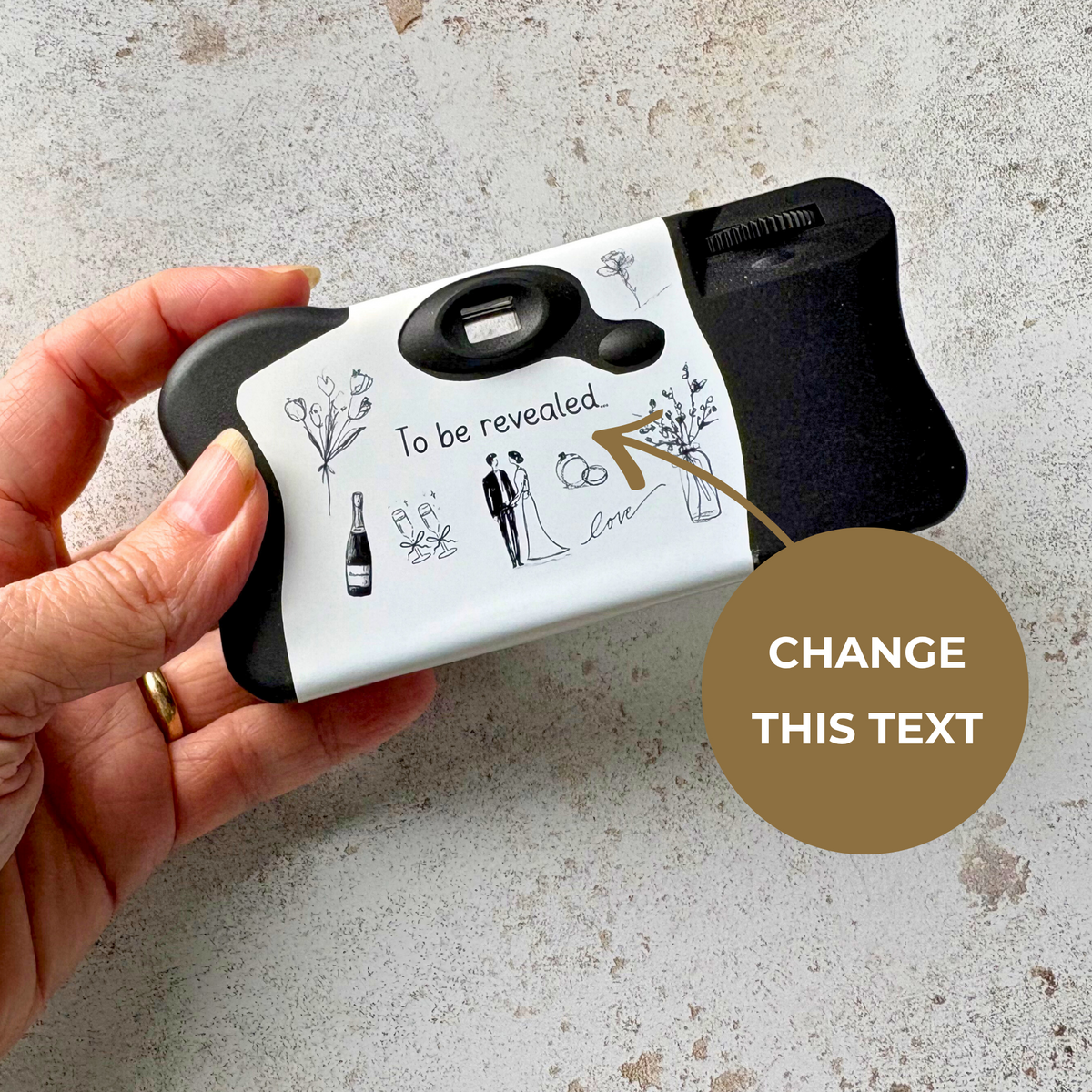 Custom wording option on back of black and white wedding camera wrap