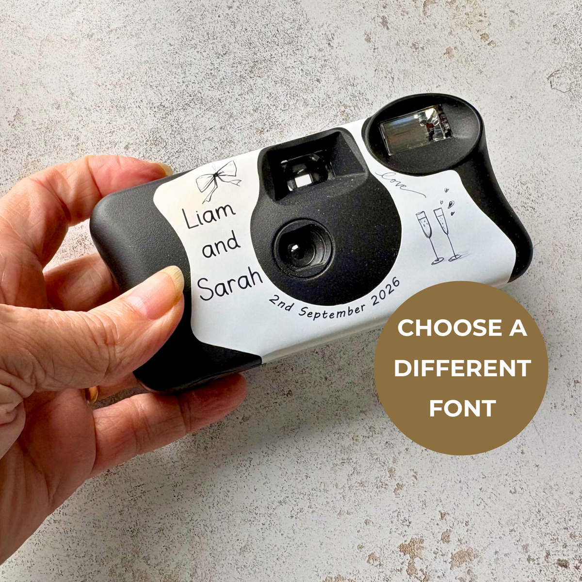 Different font option for personalised wedding camera wrap