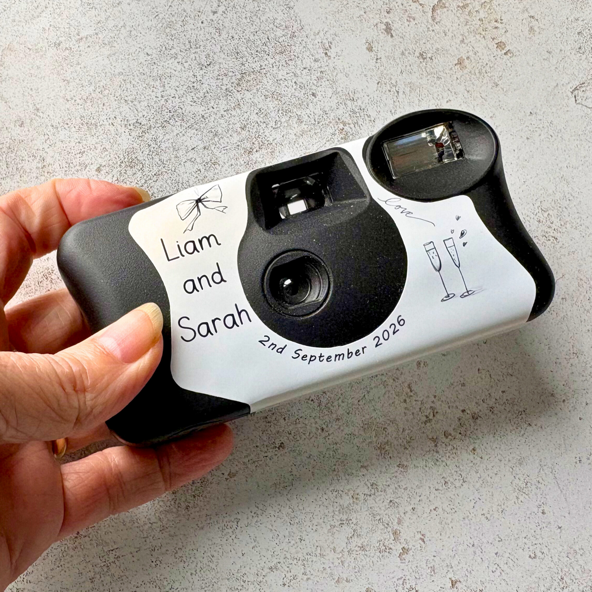 Personalised black and white wedding camera wrap on Kodak FunSaver