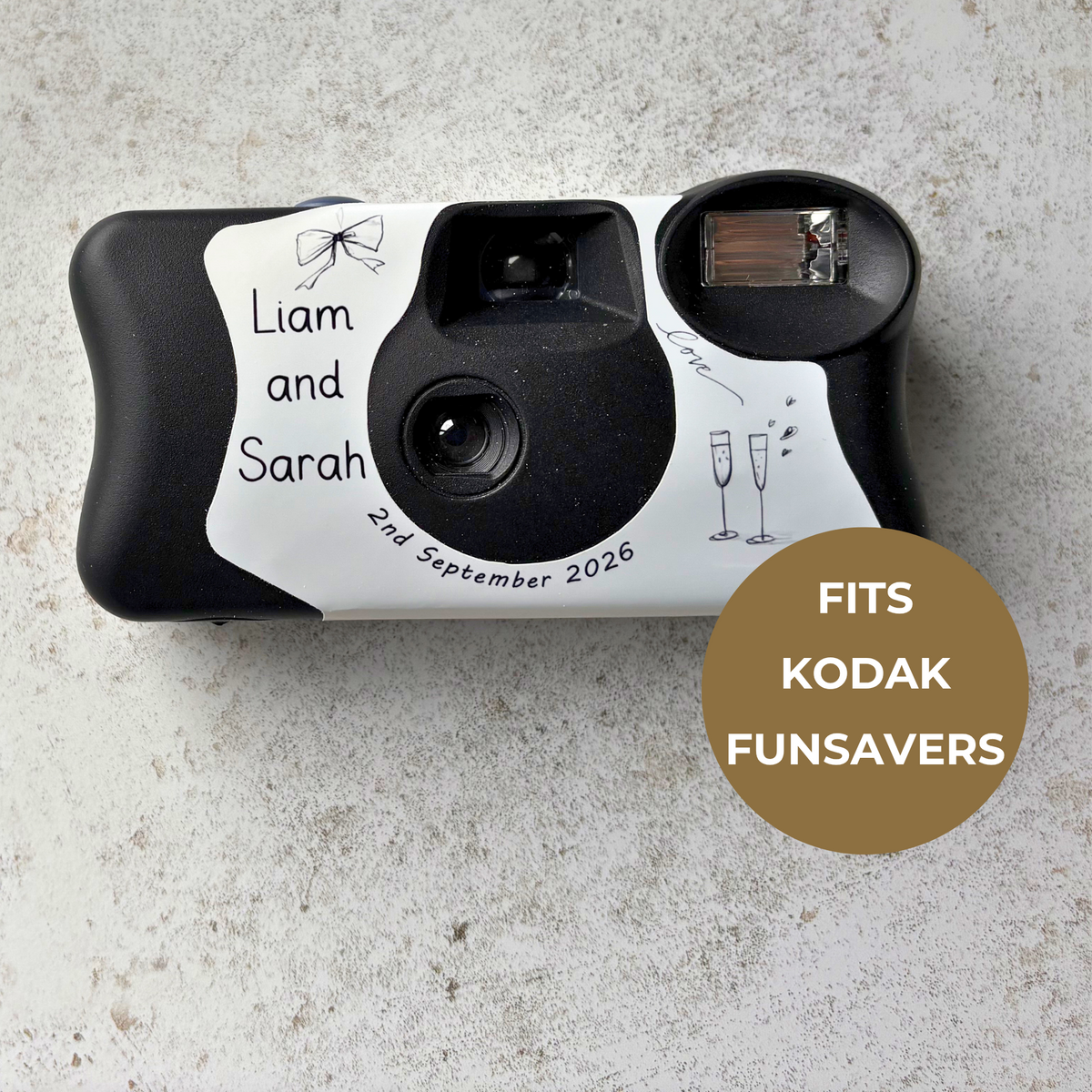 Black and white wedding camera wrap fitted to Kodak FunSaver