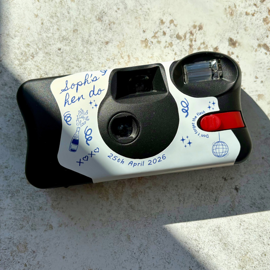 Front of personalised blue line art hen party Kodak FunSaver camera