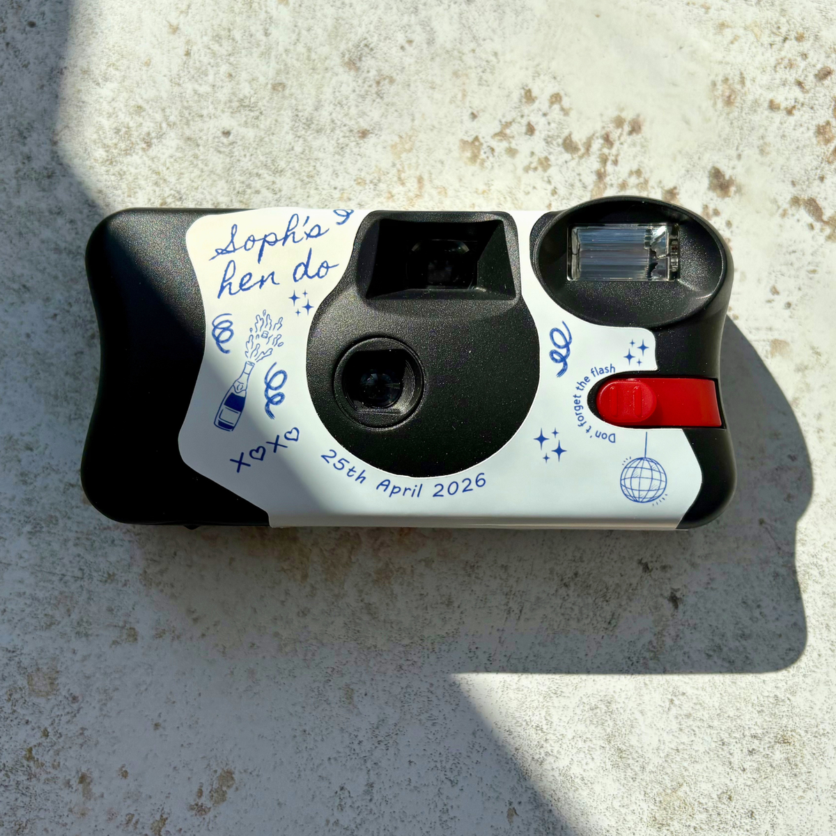 Personalised blue line art hen party camera wrap for Kodak FunSaver disposable camera