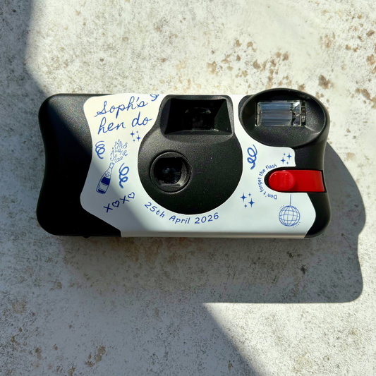 Personalised blue line art hen party camera wrap for Kodak FunSaver disposable camera
