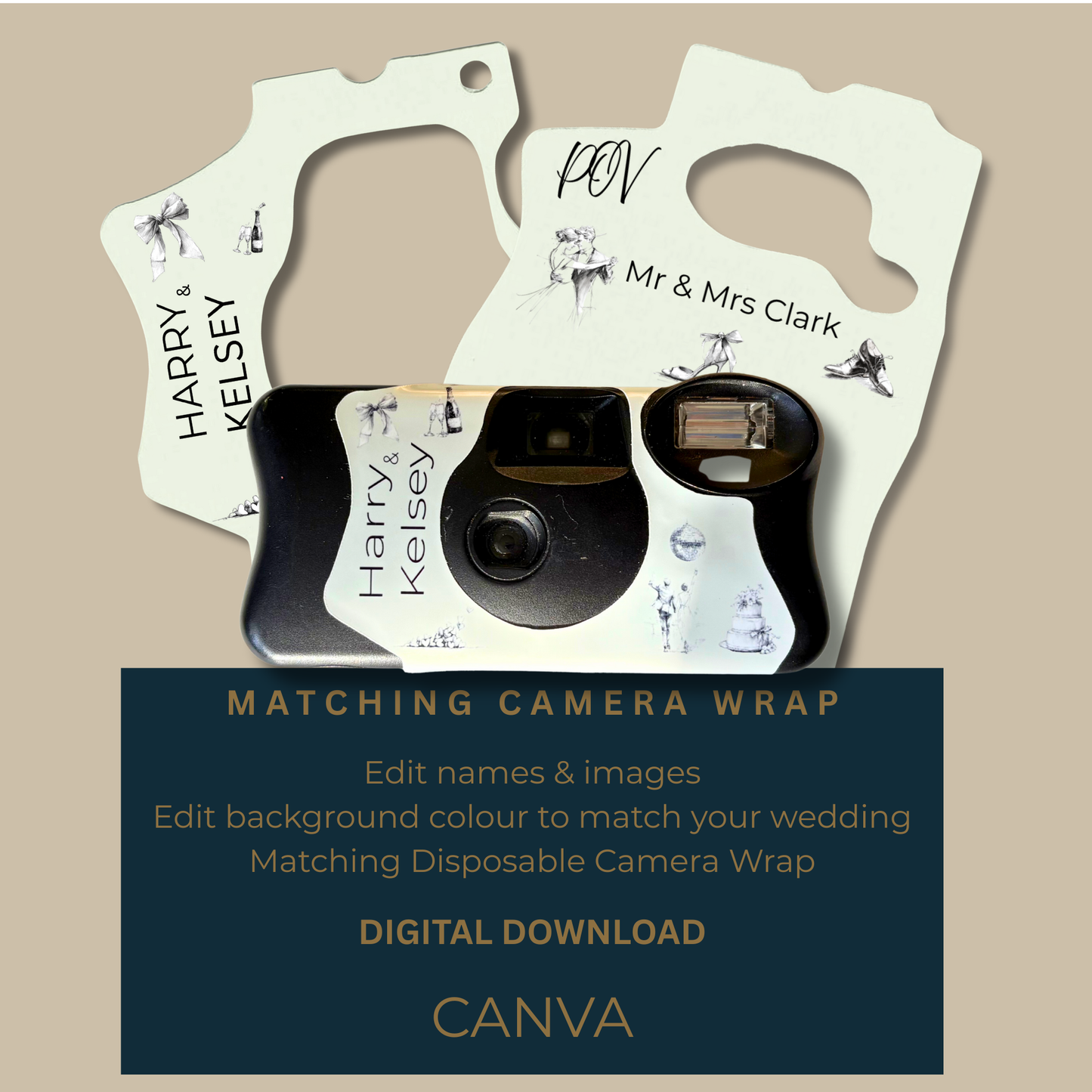 Editable bow themed disposable camera wrap template shown with a wrapped camera and text panel highlighting customisable features.