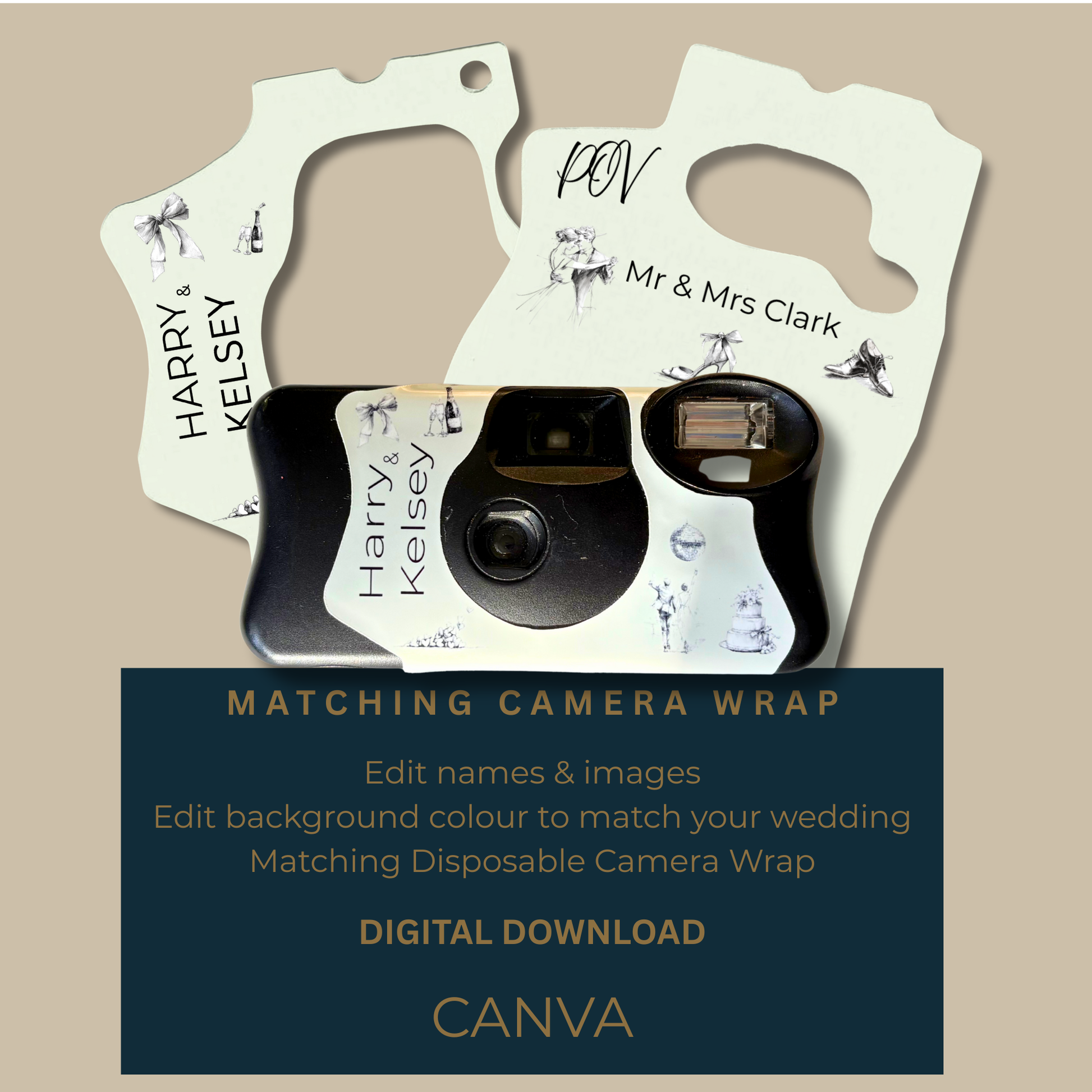 Editable bow themed disposable camera wrap template shown with a wrapped camera and text panel highlighting customisable features.