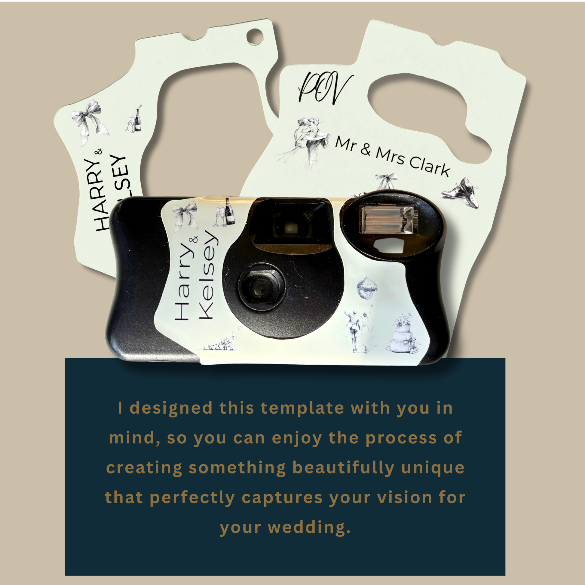 Bow themed disposable camera wrap template displayed with assembled camera and editable wrap pieces, shown with a design message for brides.