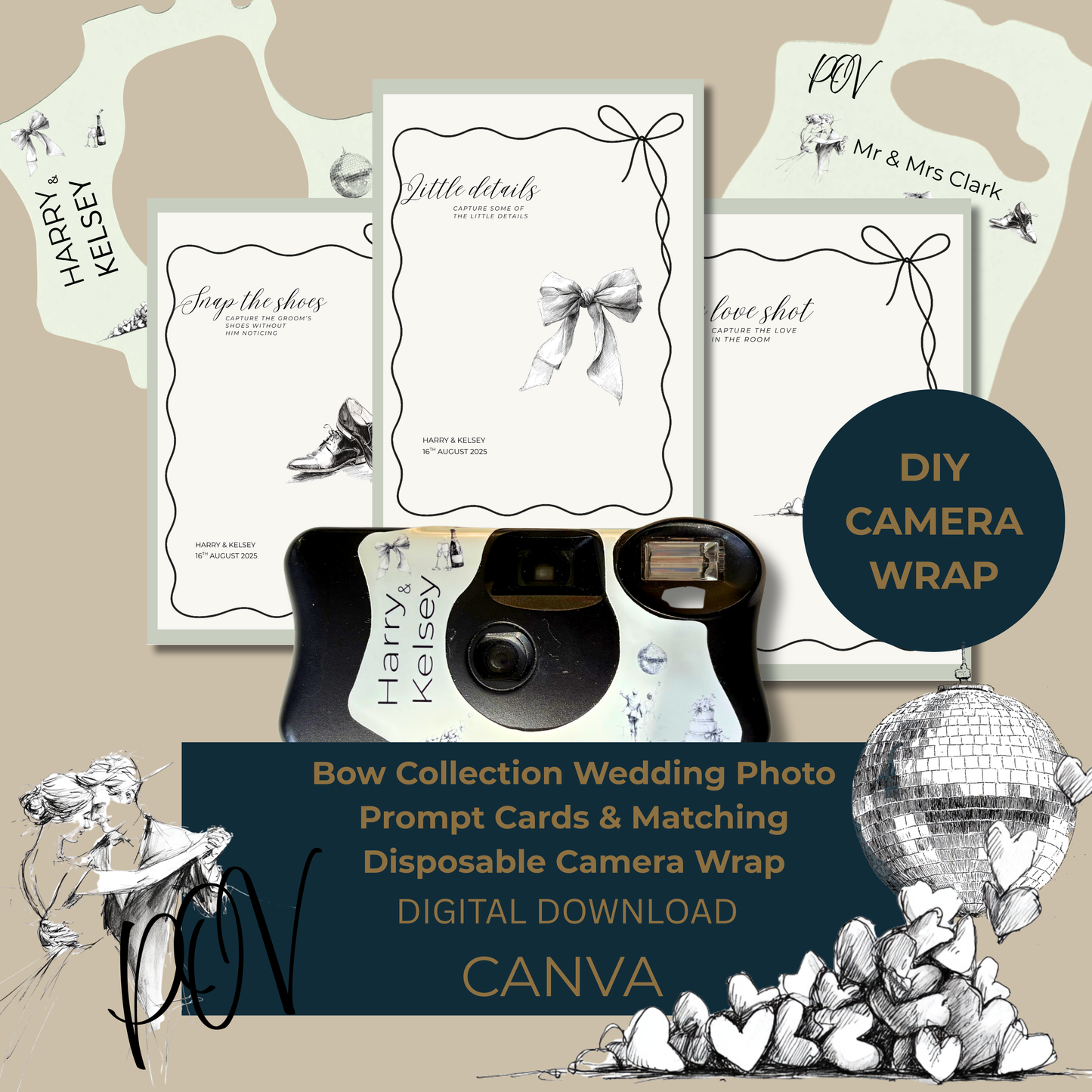 Flat lay of bow wedding photo prompt cards, disposable camera wrap variations and a wrapped camera, included in the editable digital Canva template.