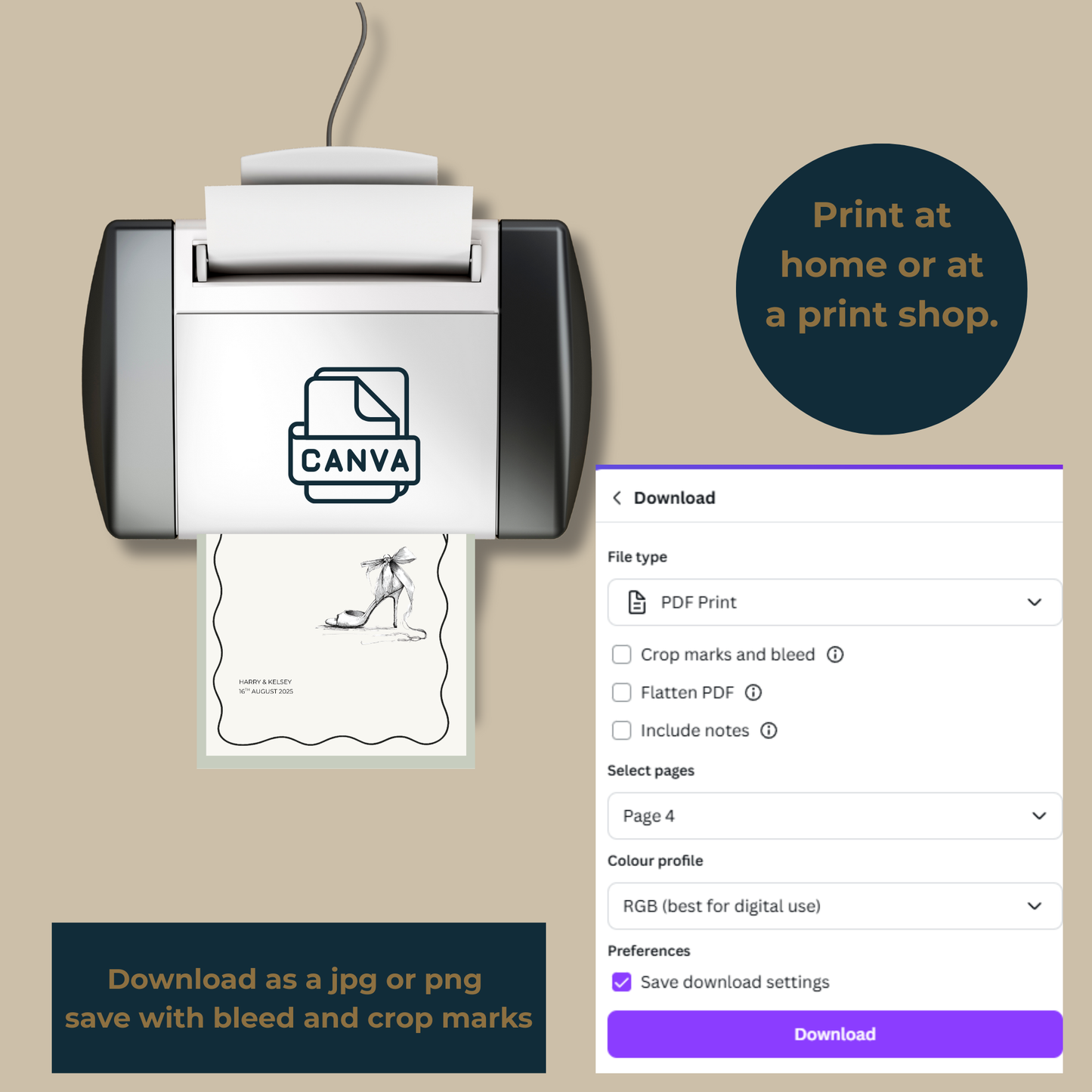 Print instructions for bow themed wedding photo prompt card showing a printer, a Canva download screen and options for PDF, JPG and PNG.