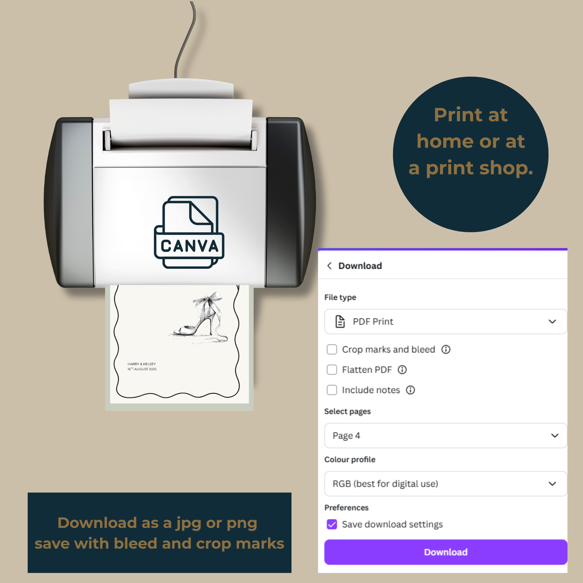 Print instructions for bow themed wedding photo prompt card showing a printer, a Canva download screen and options for PDF, JPG and PNG.