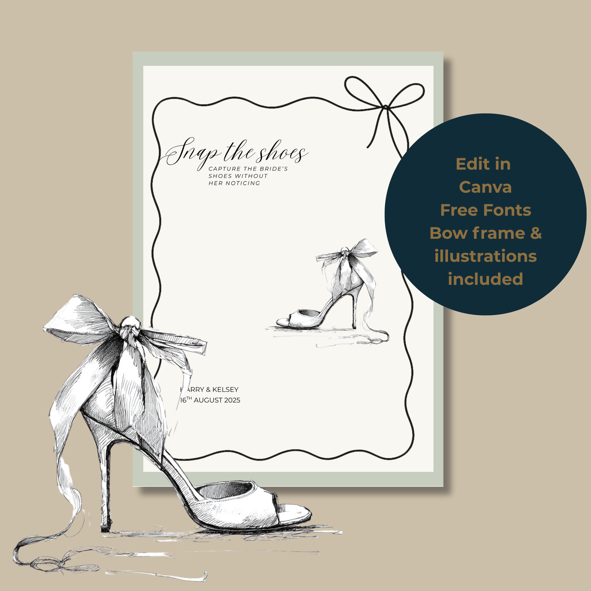 Bow themed wedding photo prompt card with shoe illustration and Canva editing features highlighted.
