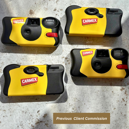 Four Carmex branded yellow Kodak FunSaver cameras showing front and back wraps - previous corporate commission