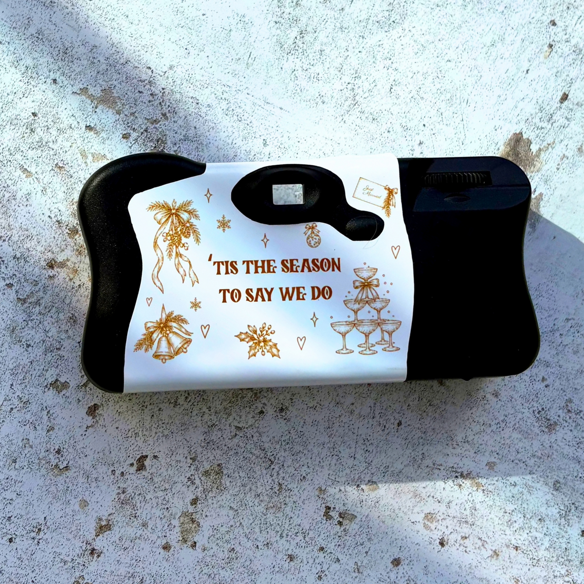 Back of personalised Christmas engagement party camera without infographic