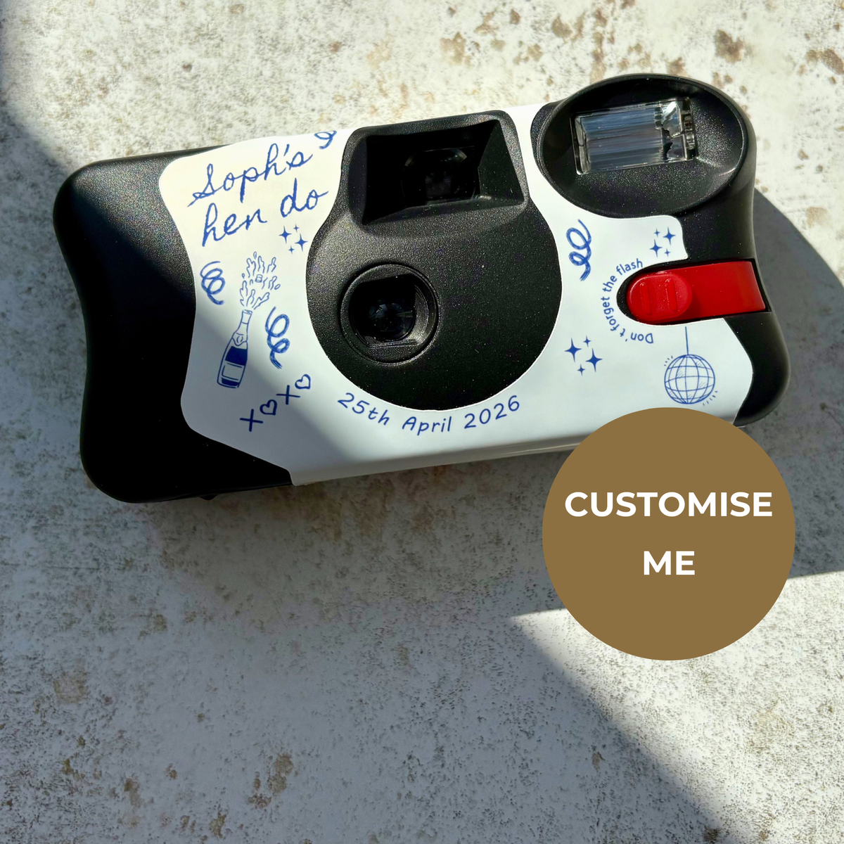 Personalised blue line art hen party camera wrap with custom name and date