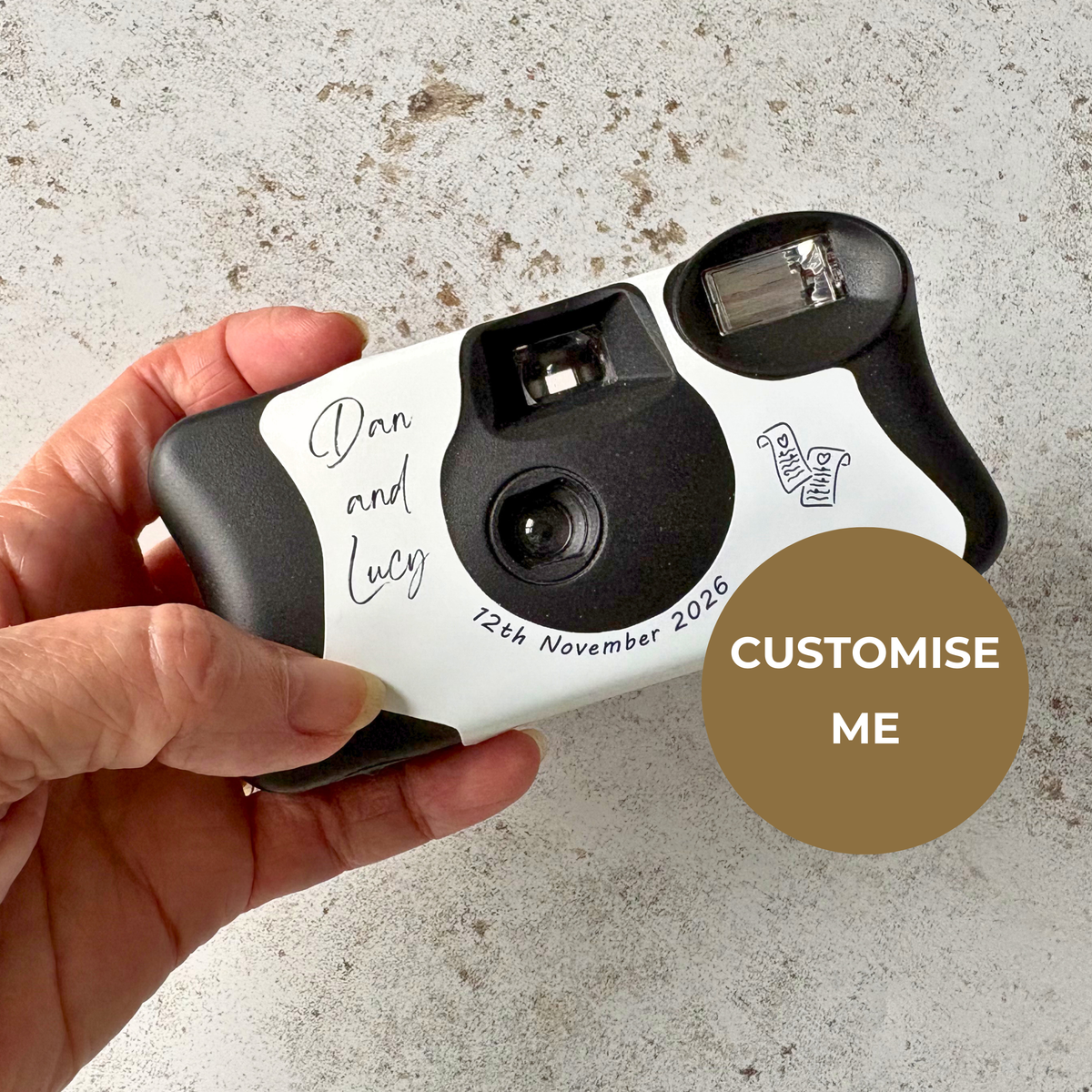 Minimalist wedding camera wrap personalised with the couple’s names and wedding date