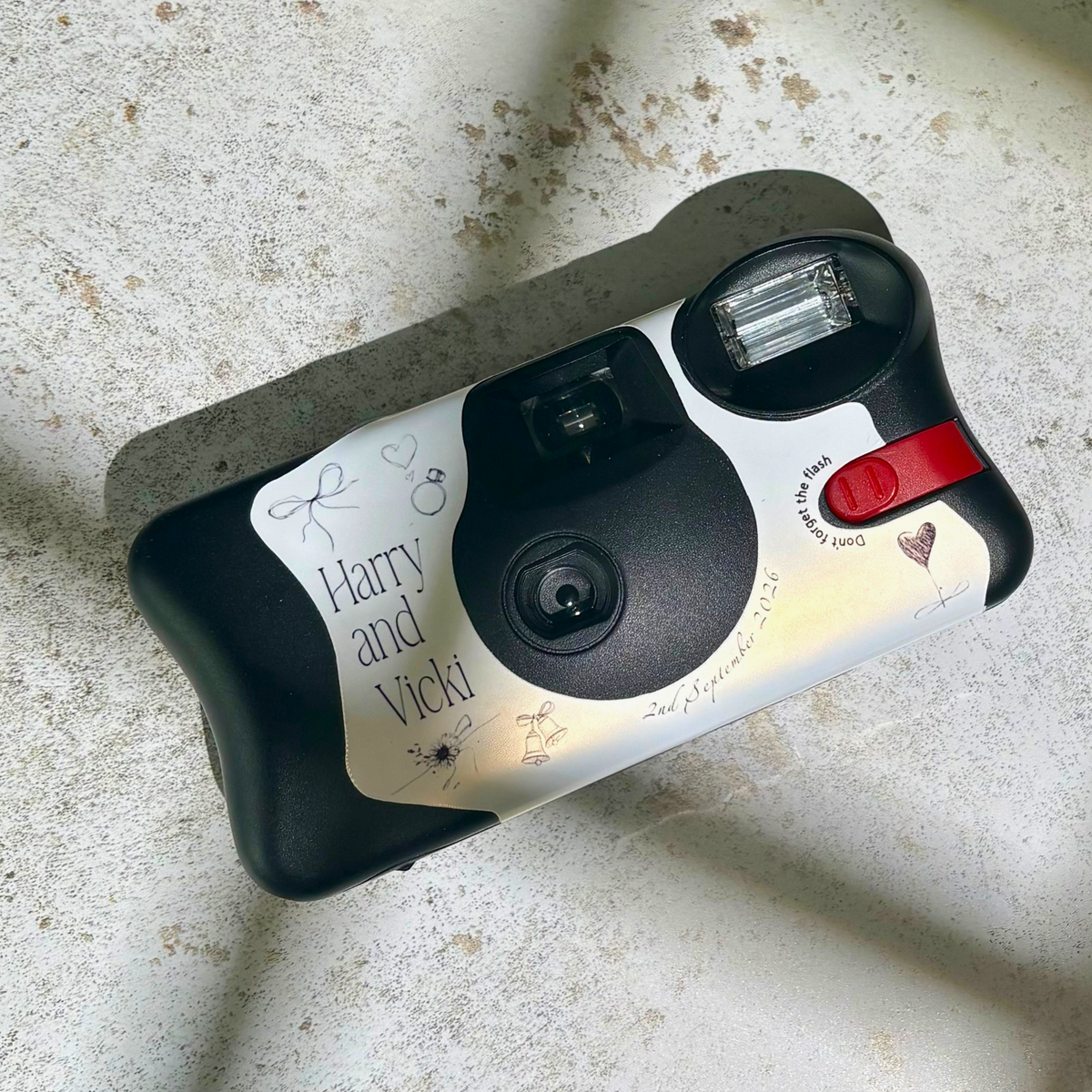Personalised engagement party Kodak FunSaver camera front with names and date