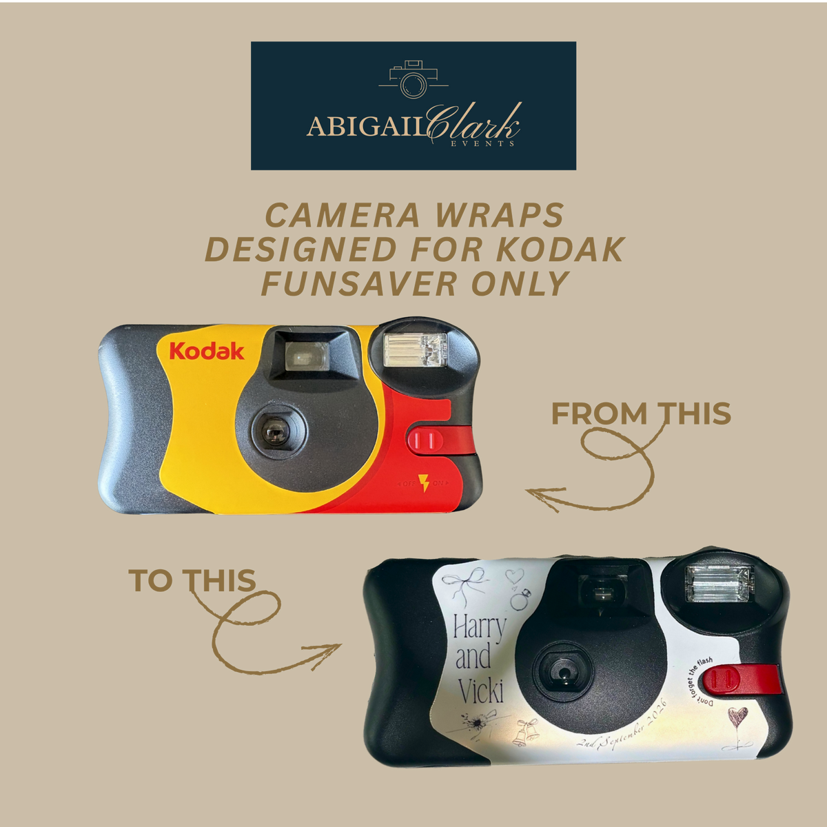 Kodak FunSaver before and after fitting a personalised engagement camera wrap