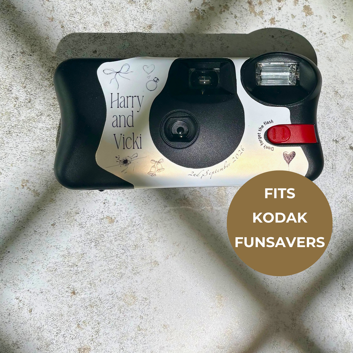 Engagement camera wrap designed to fit Kodak FunSaver disposable cameras