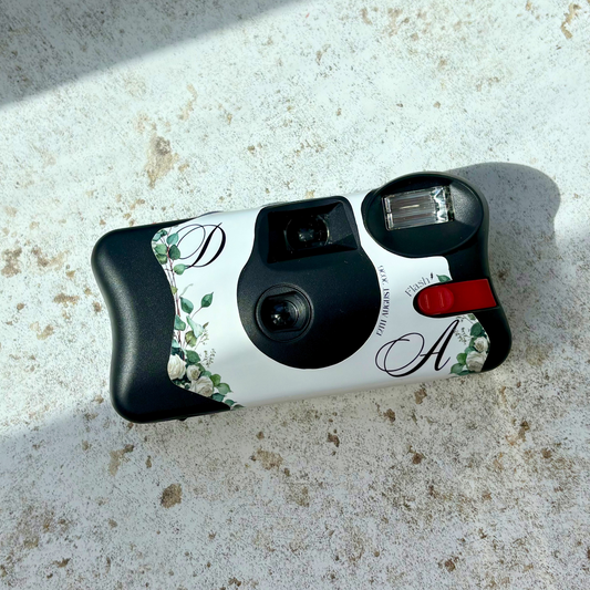 Front of personalised eucalyptus and rose wedding Kodak FunSaver disposable camera