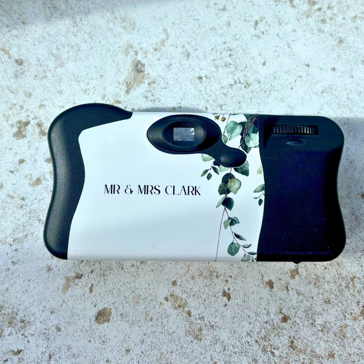 Back of personalised eucalyptus and rose wedding Kodak FunSaver camera