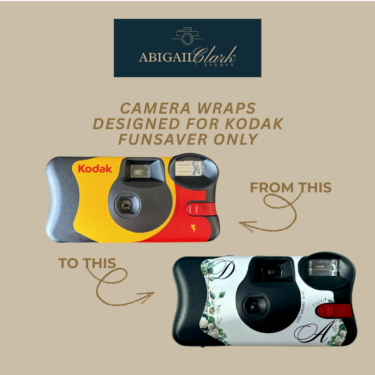 Original Kodak FunSaver compared with personalised eucalyptus and rose wedding camera