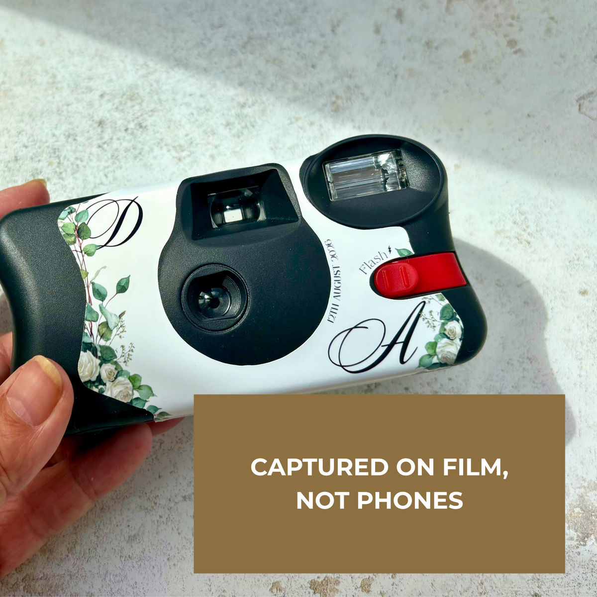 Eucalyptus wedding camera wrap displayed on Kodak FunSaver - film camera not supplied