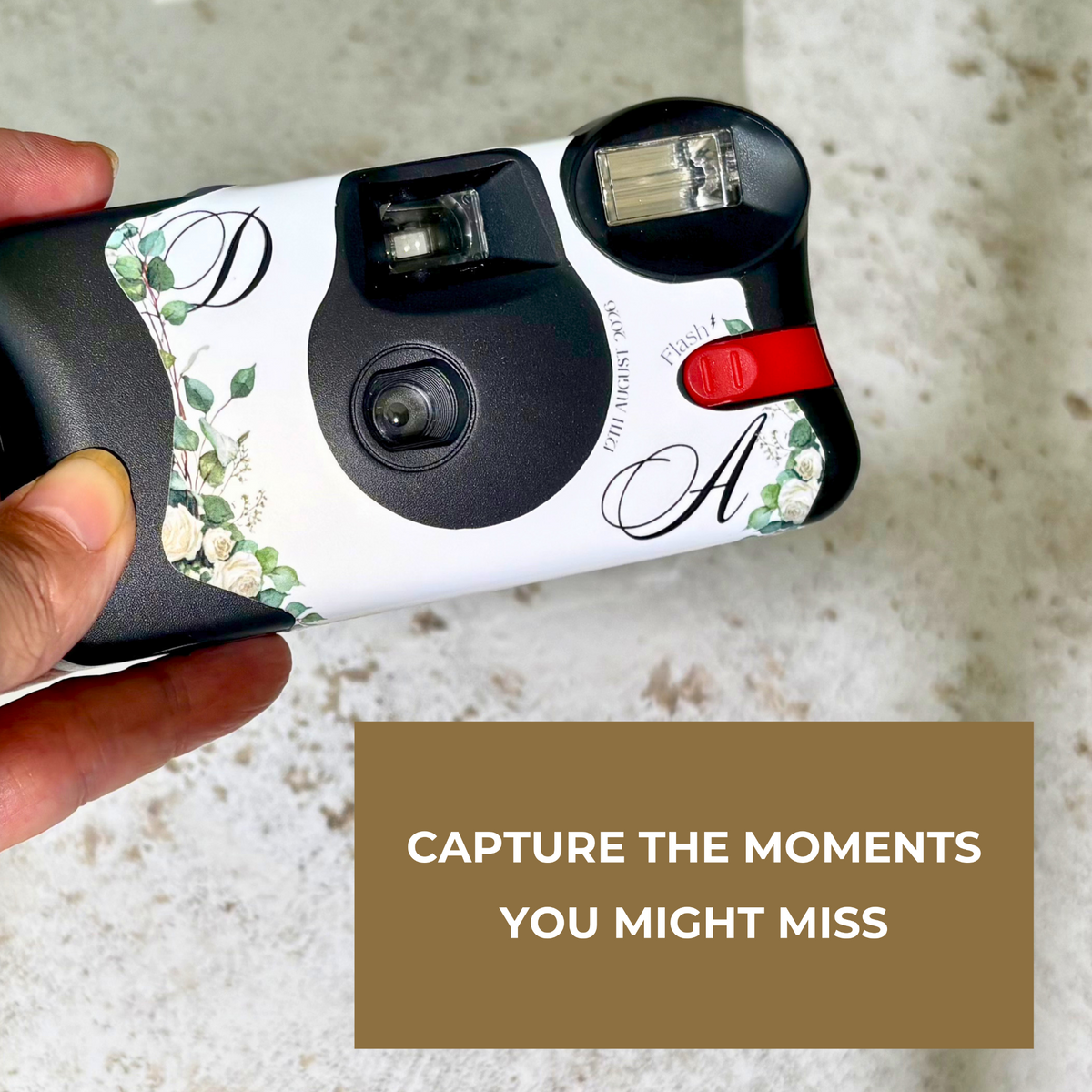 Eucalyptus wedding camera wrap to capture guests' candid memories
