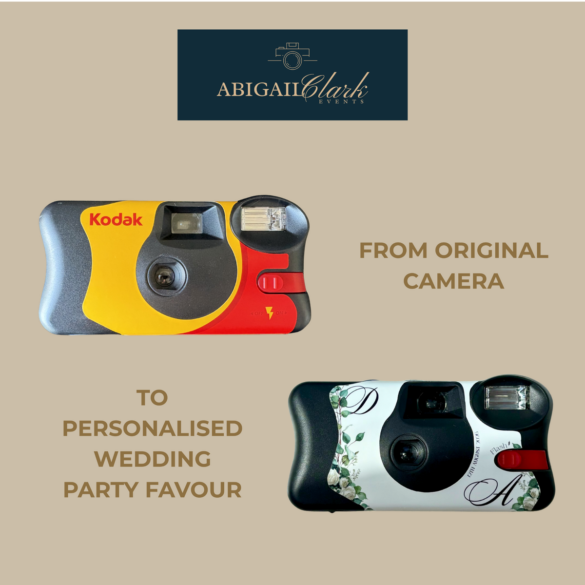 Original Kodak FunSaver compared with personalised eucalyptus wedding camera wrap