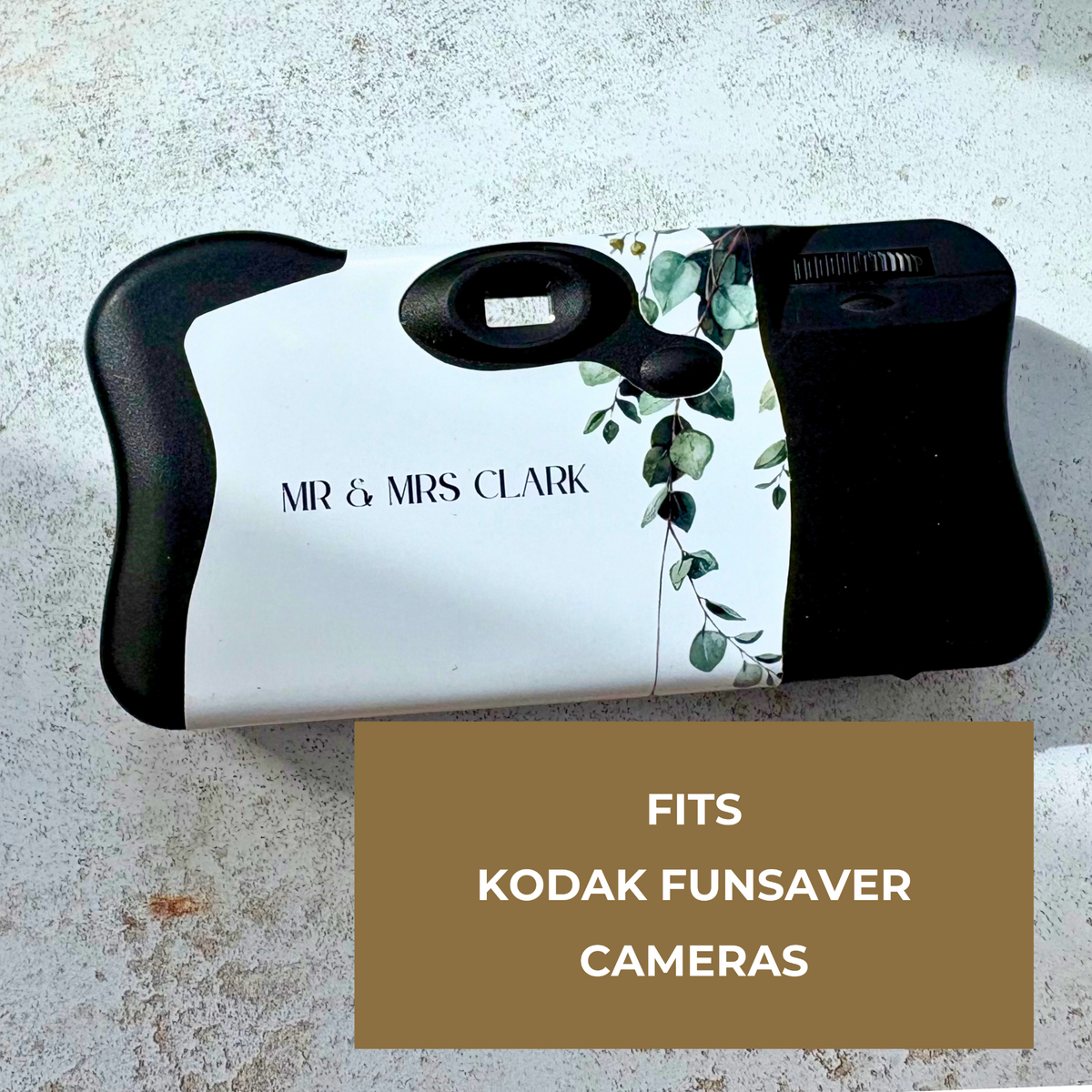 Back of eucalyptus wedding camera wrap with personalised couple wording