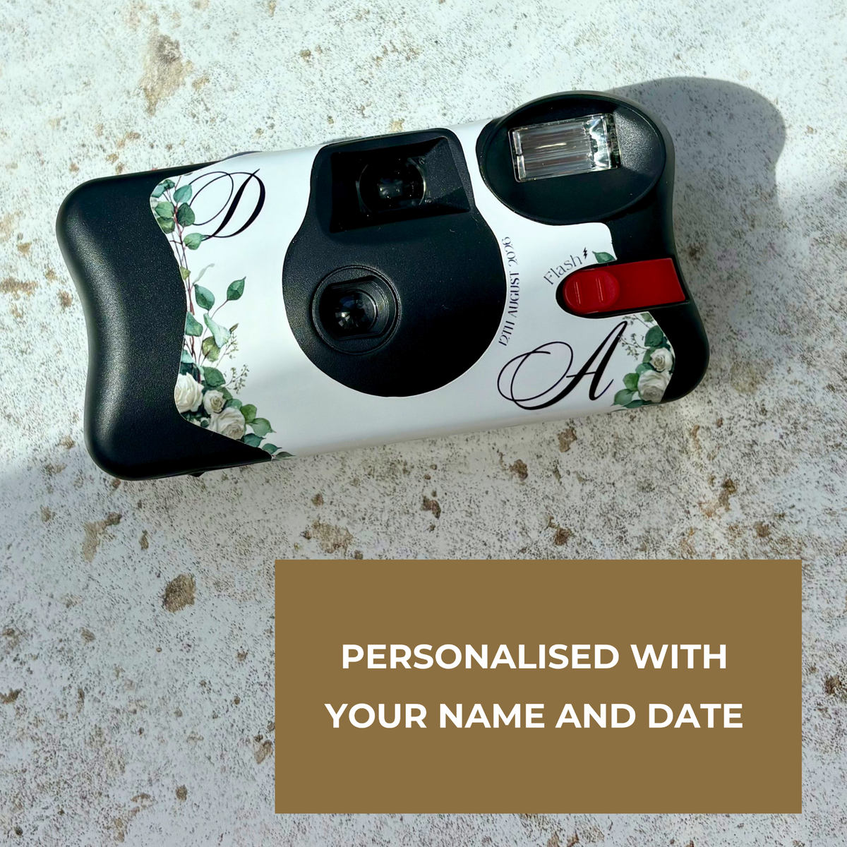 Eucalyptus wedding camera wrap personalised with names and wedding date