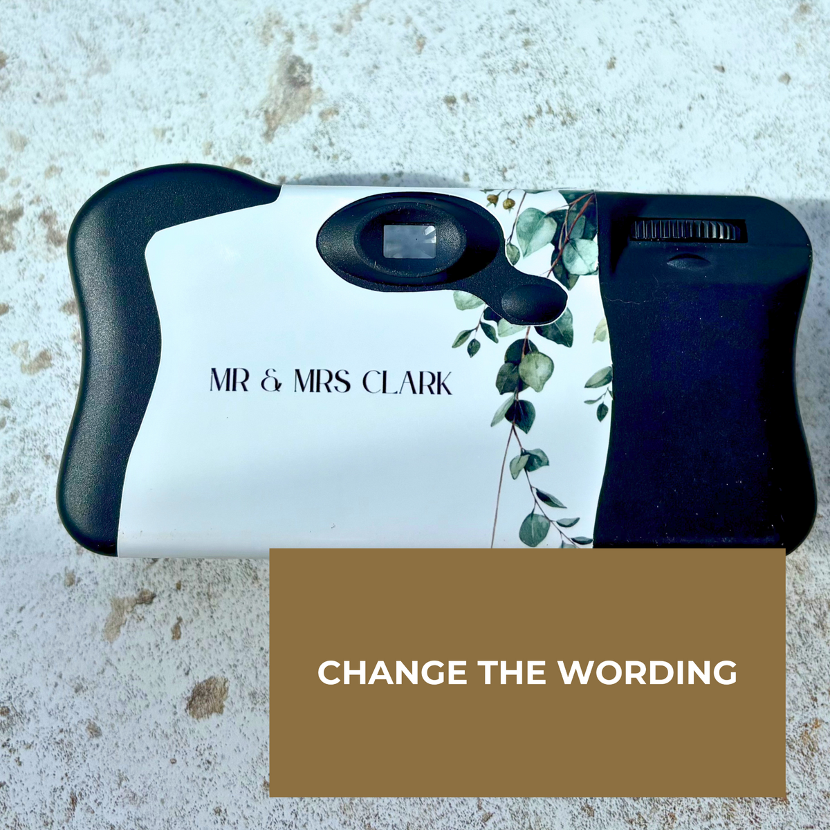 Custom wedding camera wrap back with optional wording