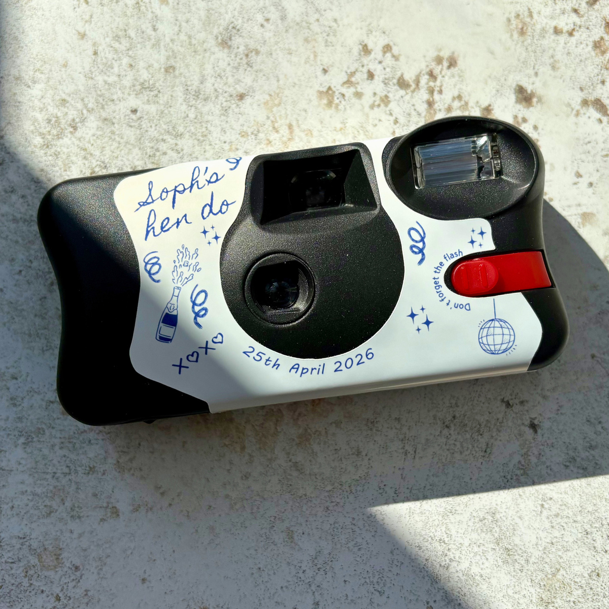 Finished blue line art hen party wrap fitted to a Kodak FunSaver disposable camera