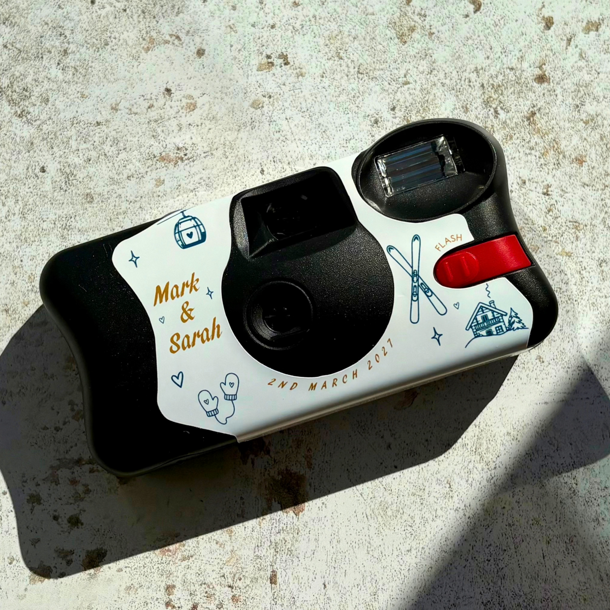 Personalised Happily Ever Après ski wedding camera wrap for Kodak FunSaver