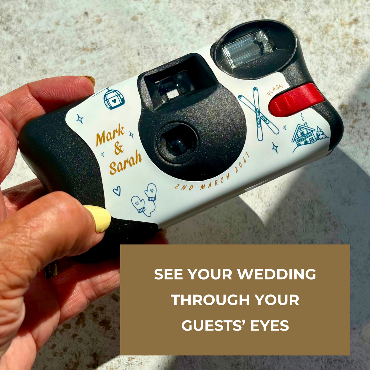 Captured on film not phones – personalised ski wedding camera wrap